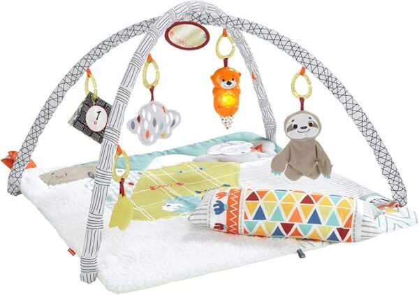 Fisher-Price HBB74-5 Coperta sensoriale per bambini, morbida coperta per gattonare con giocattolo sensoriale, sei giocattoli di attività rimovibili, attrezzatura per bambini dalla nascita