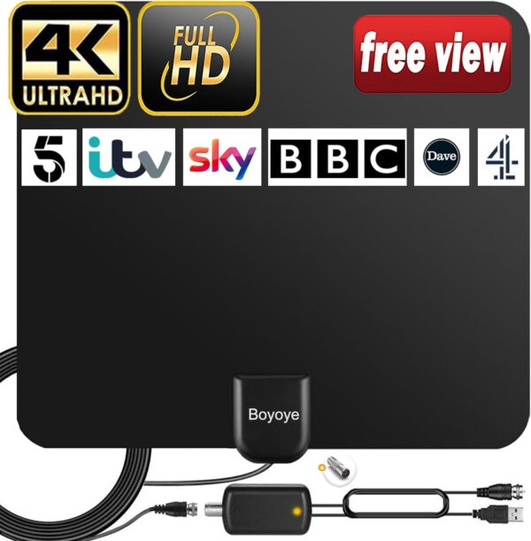 Antenna TV Interna, Boyoye Antenna TV Digitale 250+ Miglia Gamma con Amplificatore Segnale per 4K 1080p VHF UHF DVB-T/DVB-T