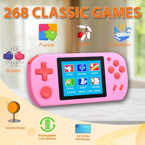 Console di Gioco Portatile per Bambini Precaricata con 218 Videogiochi Classici Sistema Arcade Ricaricabile con Display 2,5 Pollici e 3,5 mm per Cuffie Controller di Gioco rosa