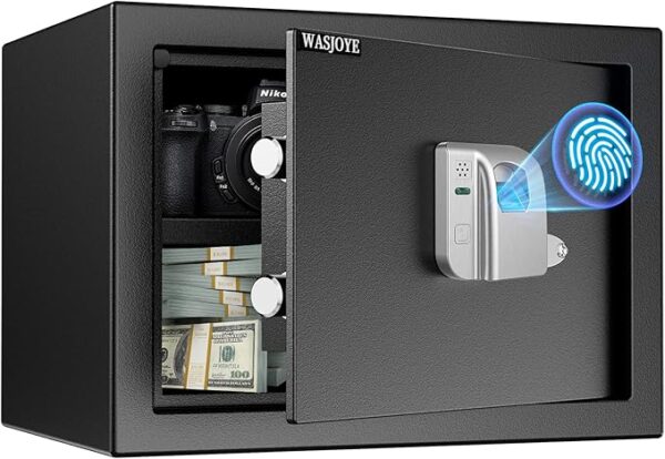 WASJOYE Cassaforte per Impronte Digitali, Cassaforte Biometrica con Chiave, Cassaforte Elettronica Automatica con Identificazione delle Dita, Cassetta di Sicurezza per Casa Hotel Ufficio, 19L