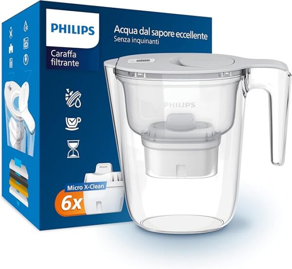 Filtro caraffa Philips +6 cartucce filtranti di ricambio Micro X-Clean, flusso rapido, bianco, 2,6 litri, timer elettronico