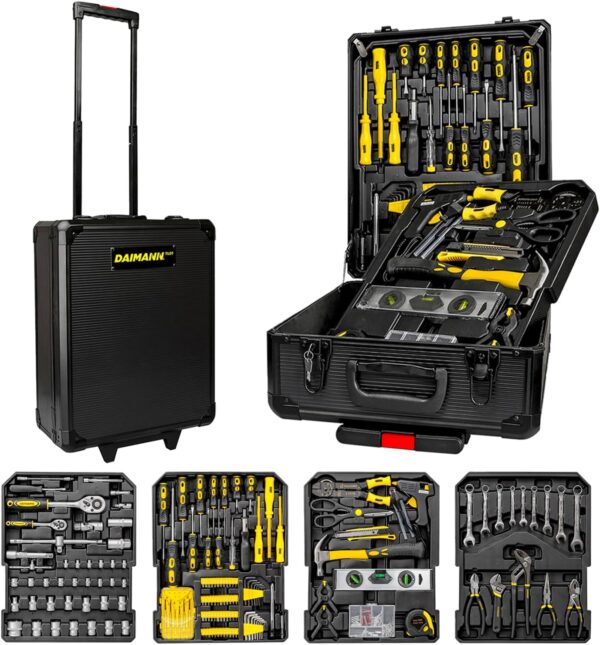 HandymanBox Set Attrezzi 499 pezzi in Acciaio Cromo Vanadio -!! piccolo danno sulla valigia!! Trolley Valigia Professionale con 4 Vassoi, Ruote e Manico Telescopico - Ideale per Domestici, Professionisti e Meccanici